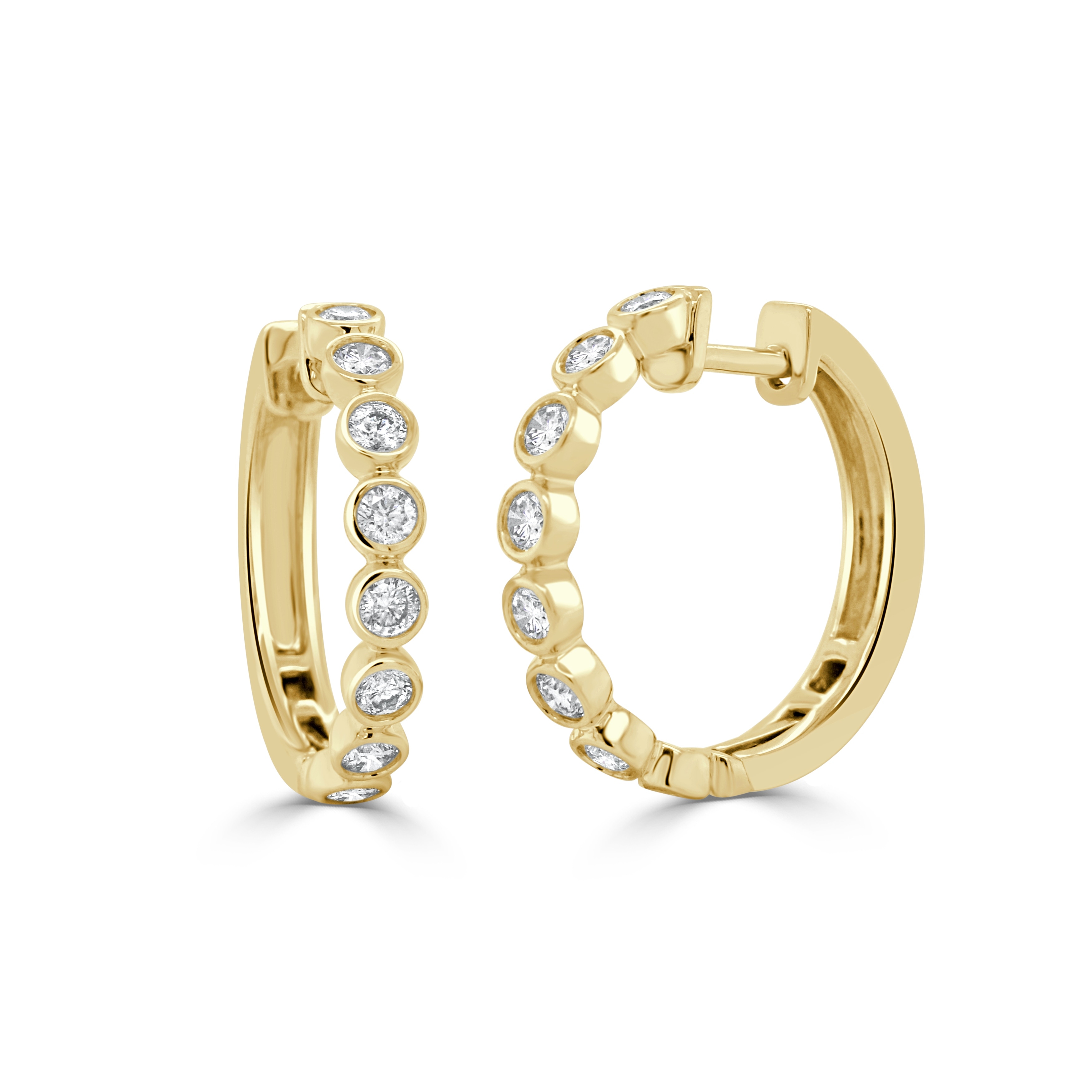 Joelle Collection 14K Yellow Gold Diamond Bezel Set Huggie Earrings 0.75"