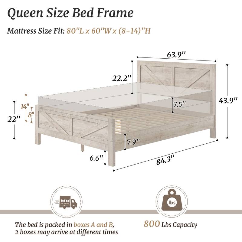 King/Queen Size Wood Platform Bed Frame With Headboard, Solid Wood Platform Bed, No Box Spring Needed, Easy Assembly