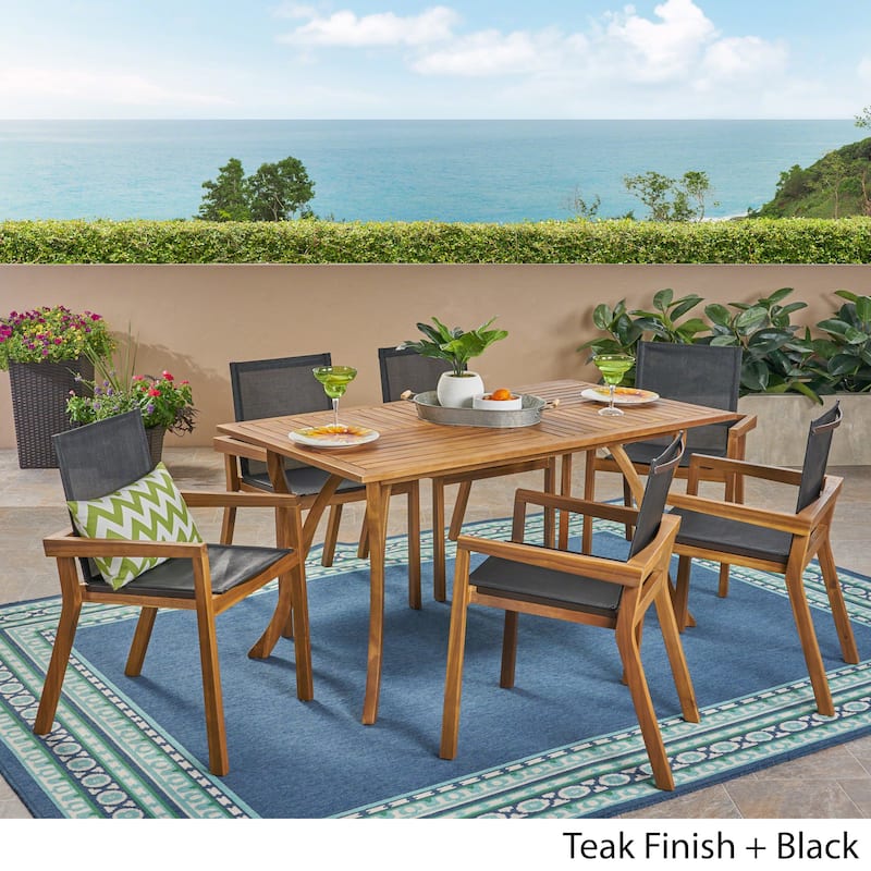 Shanter Outdoor Acacia Wood 7 Piece Dining Set with Mesh Seats by Christopher Knight Home