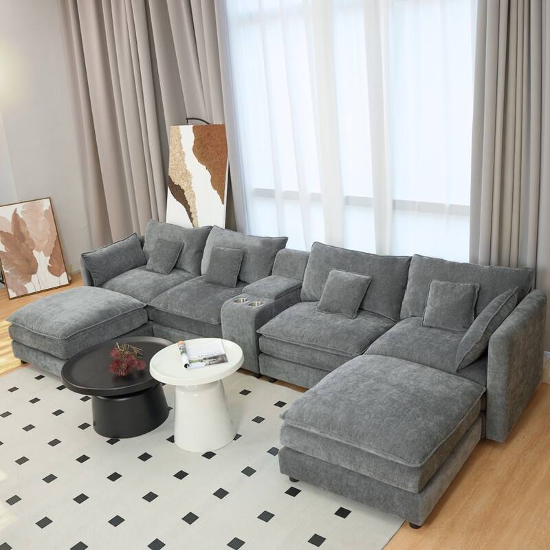 144" Modular 6-Seat U-Shaped Sectional Sofa with Movable Ottoman and Console, Cup Holders
