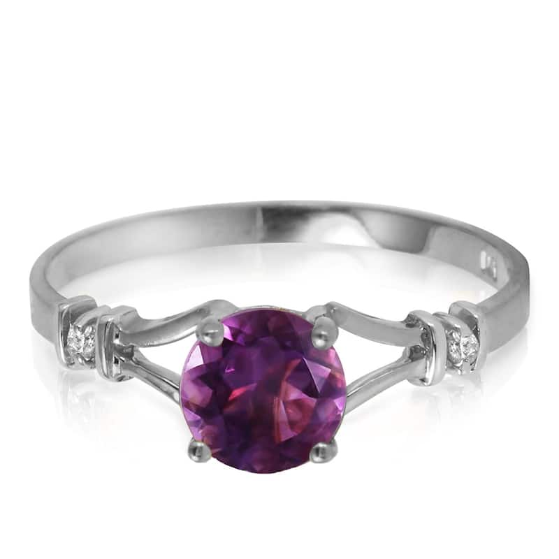 14K Solid Gold 0.92 Carat Diamond Ring w/ Round Cut Amethyst Gemstone - 7.5 - White