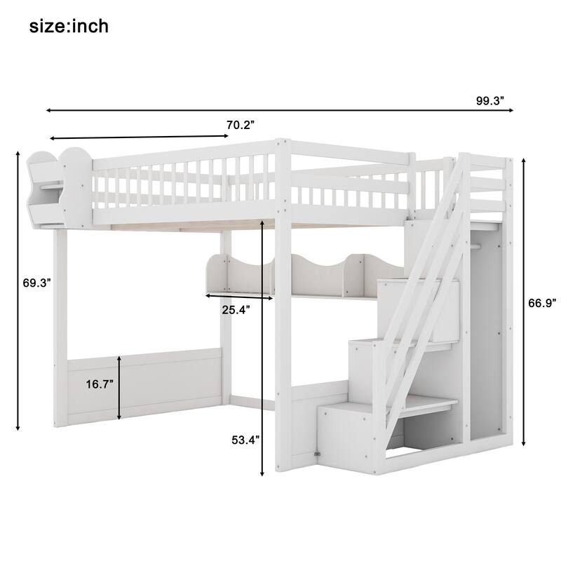 Queen Wooden Loft Bed with Storage Staircase Wardrobe, 2 Side Shelves, 3 Storage Shelves and Versatile Under-Bed Space