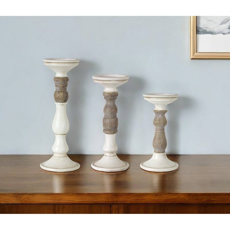 Set of Three Ivory and Natural Resin Tabletop Pillar Candle Holders - One Size - Ivory and Natural - One Size