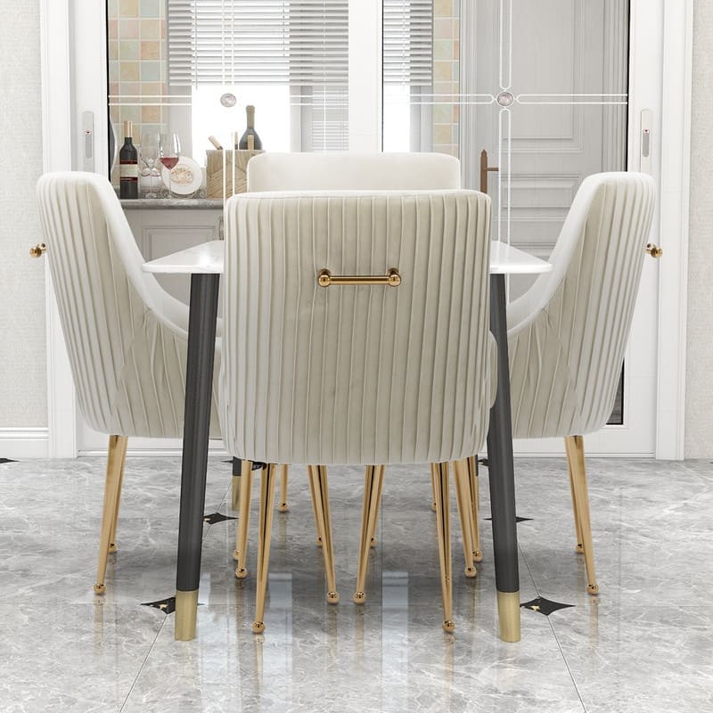 SEYNAR Modern Glam Boucle Pleated Velvet Dining Chair or Vanity Chair Set of 4 with Rear Handle - Beige