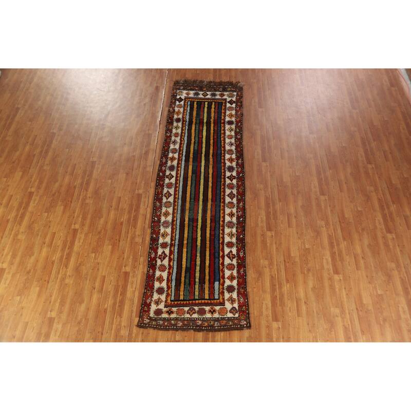 Hand Knotted Oriental 100% Wool Carpet Modern Geometric Multi-Colored Gabbeh Runner Rug - 11' 11'' X 3' 7''