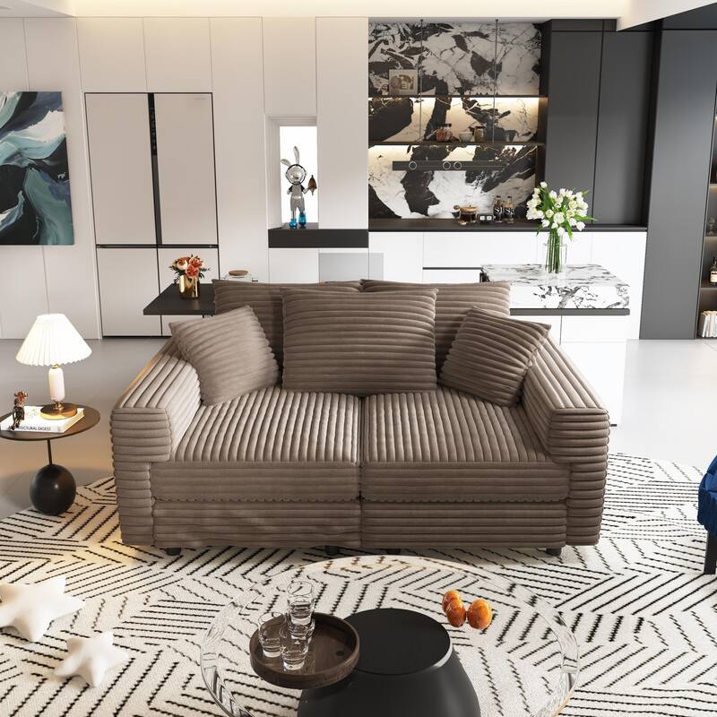 Plush Corduroy Upholstered 3 Seat Sofa , Convertible Deep Seat Lounge Sofa Chair, Cloud Sofa with 5 Soft Pillows - Camel