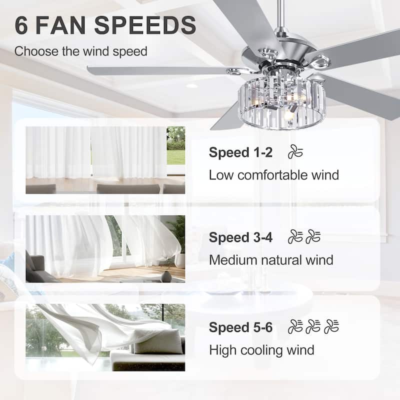 52 Inch Chrome Ceiling Fan with Lights and Remote(5-blade)