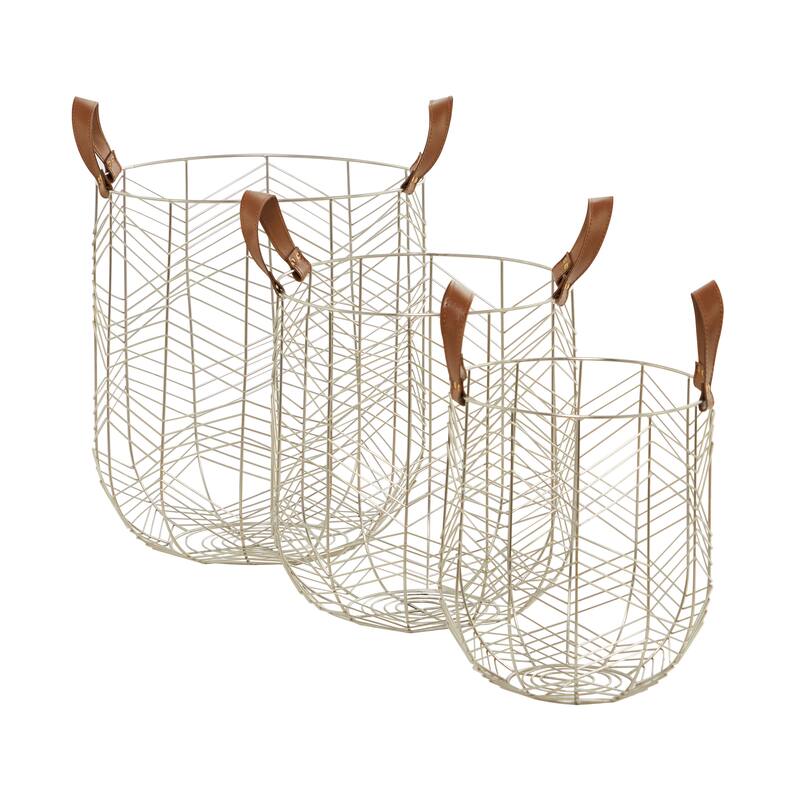 CosmoLiving by Cosmopolitan Metal Storage Basket with Faux Leather Handles (Set of 3) - Silver or Gold