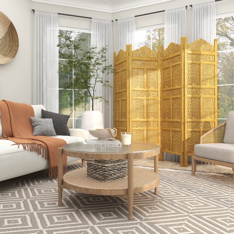 Gold Wooden Handmade Foldable Partition 4 Panel Floral Partition Room Divider Screen with Carved Designs