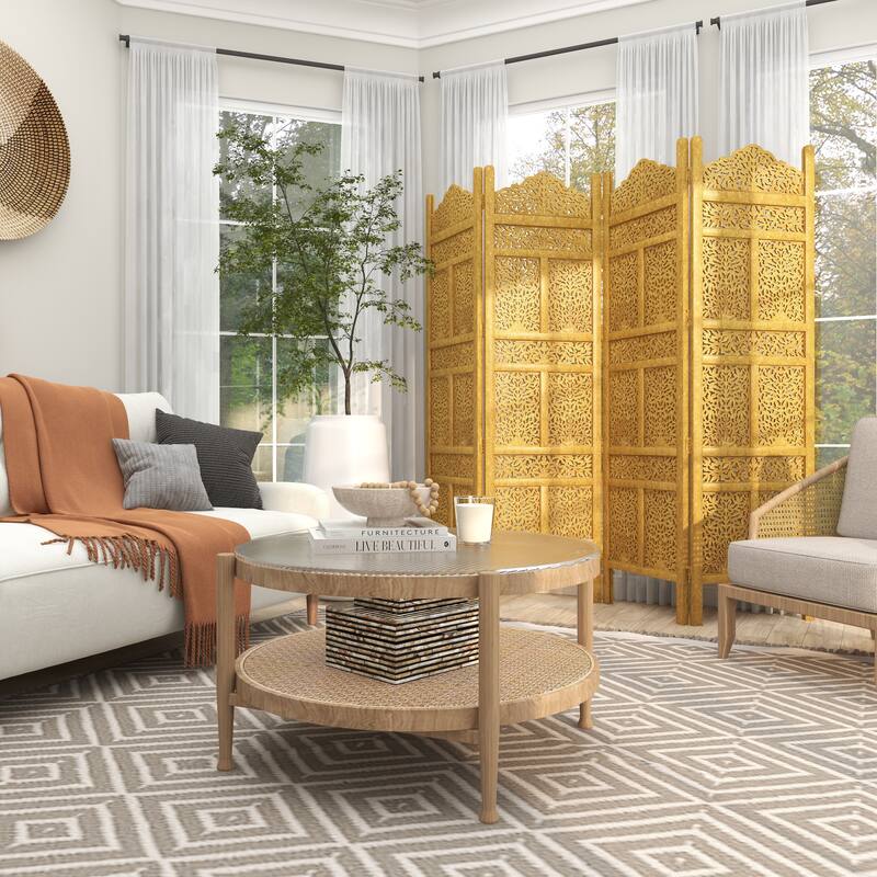 Wooden Floral Handmade Foldable 4 Panel Room Divider Screen with Foiled Intricately Carved Designs - Gold - Roche River Decor
