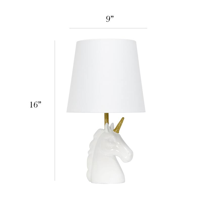 Simple Designs 15.5" Sparkling Glitter Unicorn Table Lamp, White with Blue Glitter, With LED Bulb