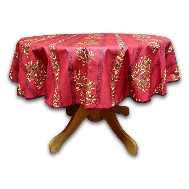 Wipeable Spill Resistant Provencal Cotton Cannes Collection Tablecloth - 60-in Round - Crimson Red Olives