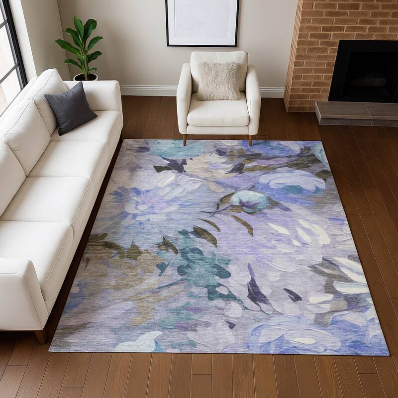 Machine Washable Indoor/ Outdoor Watercolor Floral Chantille Rug