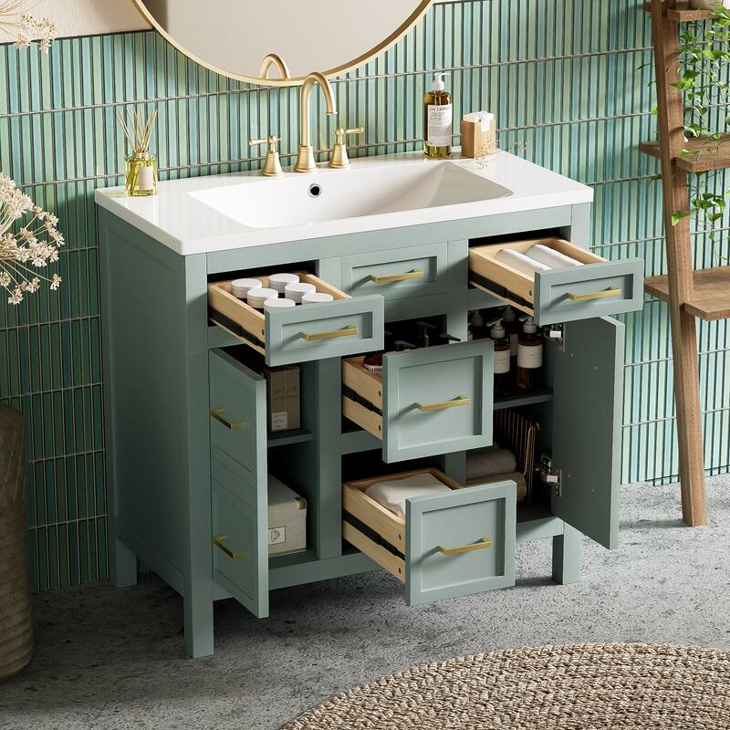 36" Bathroom Vanity Cabinet with Center Rectangular Resin Sink, 4 Drawers Bathroom Storage Cabinet w/ Adjustable Shelves, Green