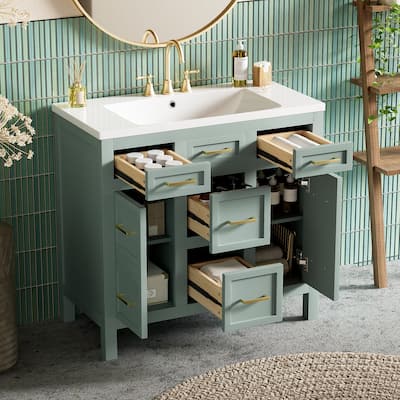 Modern 36-Inch Free-Standing Vanity with Stain-Resistant Resin Sink & Ample Storage