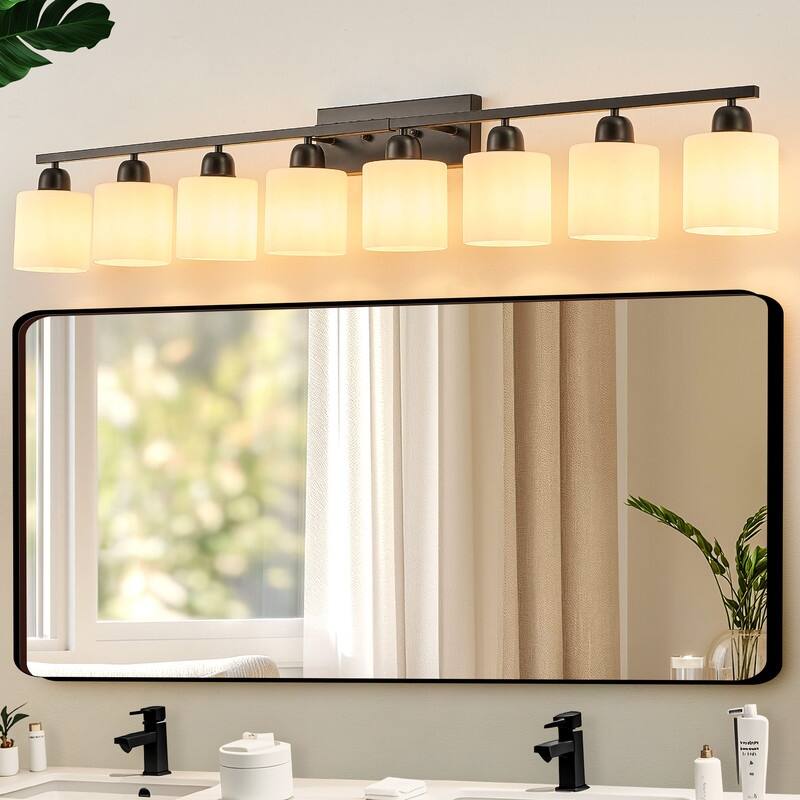 Modern Bathroom Vanity Light With Frosted Milk Glass Shades - 8-Lights - Black