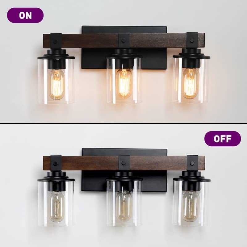 Vanity Light, Industrial Bathroom Wall Sconce with Glass Shades and Wood Accent, Modern Farmhouse Lighting Fixture (No Bulbs)