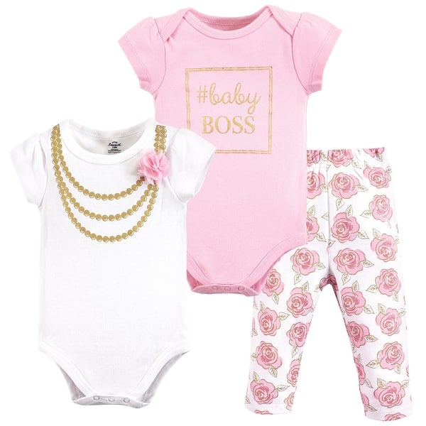 slide 1 of 1, Little Treasure Baby Girl Cotton Bodysuit and Pant Set, Gold Roses 0-3 Months - Gold Roses