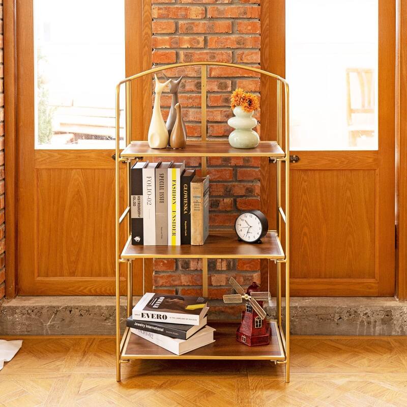 No Assembly Folding Bookshelf, 3 Tier Gold Bookshelf, Metal Book Shelf