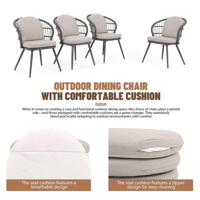 Rope-Woven Aluminum Outdoor Dining Chairs with Removable Cushions