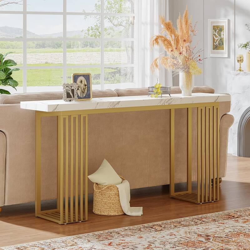 Modern MDF Console Table with Faux Marble Top & Metal Base, 63" Narrow Long Sofa Table for Entryway, Hallway, Living Room