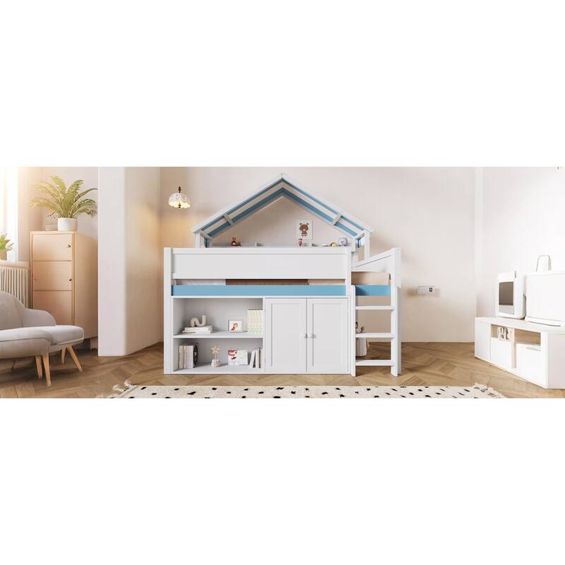 Roomfitters Full Size Loft Bed with House Canopy Roof and Storage Cabinet