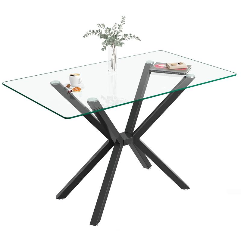 47.24" Rectangular Clear Tempered Glass Dining Table,Stylish Design with Metal Legs, Kitchen Table for Dining Room