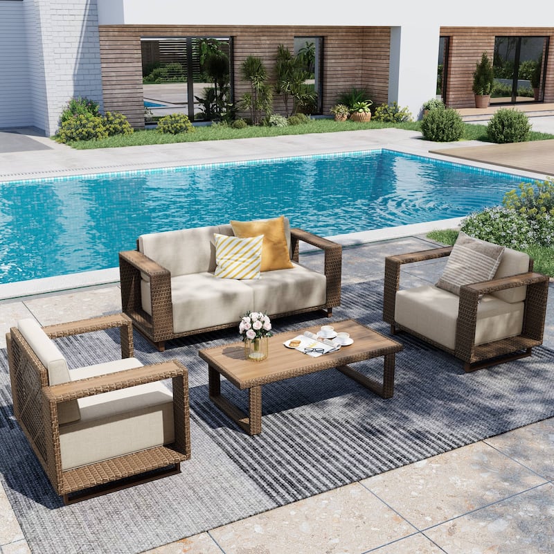 MAISON ARTS Modular Rattan Patio Sofa Set, All-Weather PE Wicker 4/6/8-Seat Outdoor Sectional with Thick Cushions - E.