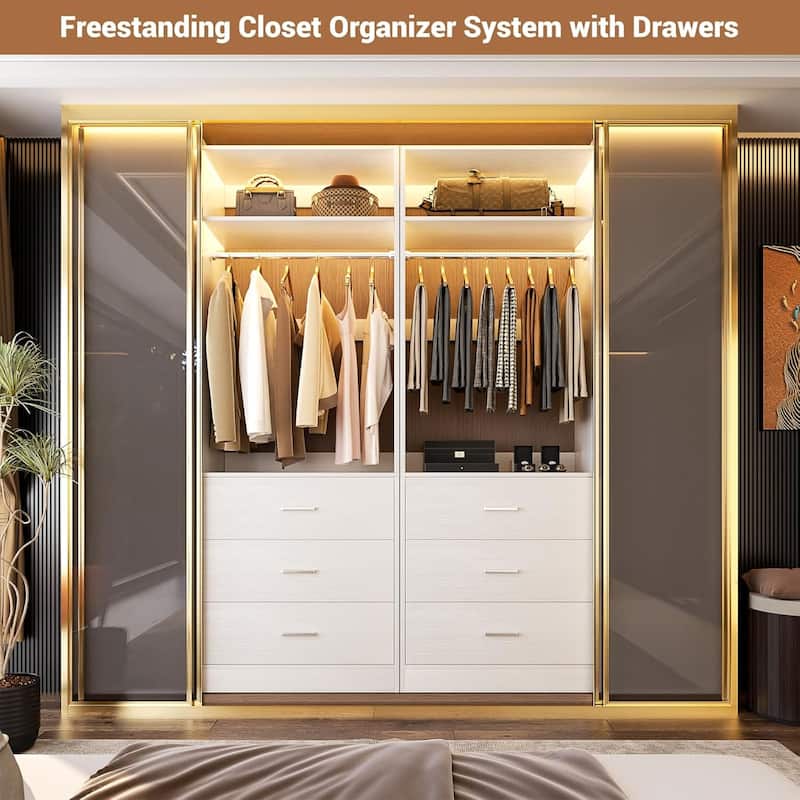 Kyrvo 24" Freestanding Closet Organizer System with Hanging Rod & Shelves,Heavy Duty Closet System with 3 Wood Drawers