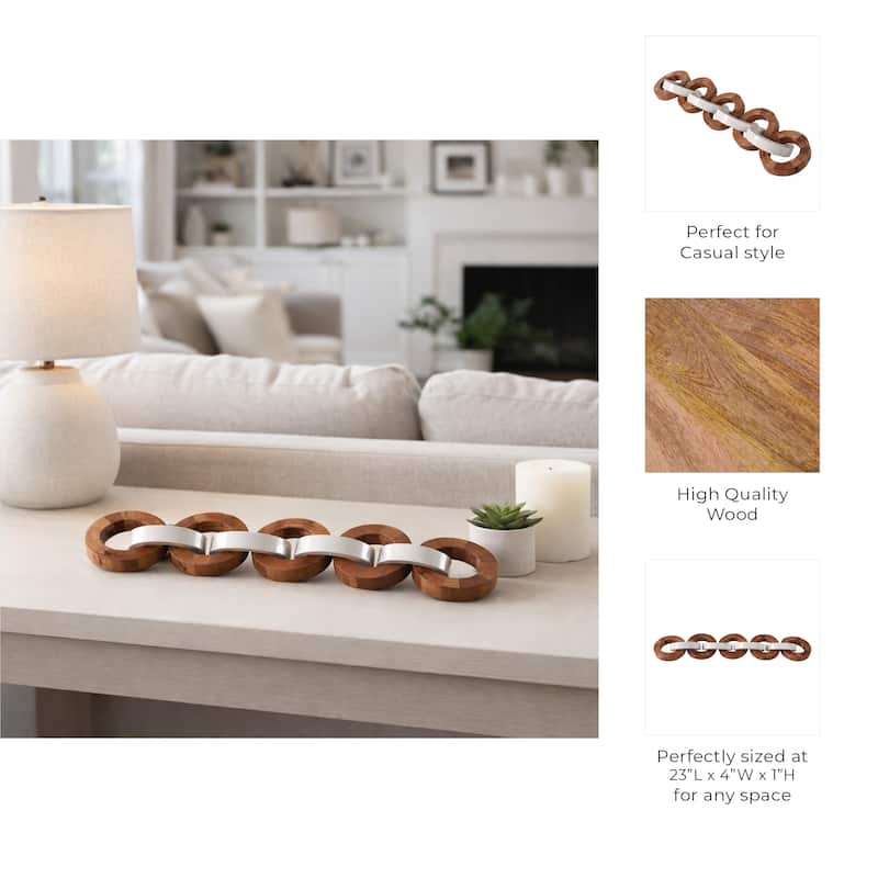 Decorative Wood and Resin Chain Link Sculpture - 23", Ivory & Brown - 23.0"