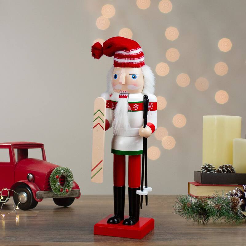 14" Red and White Wooden Skiing Christmas Nutcracker