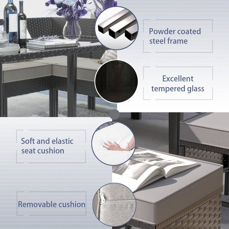 7-Piece Small Space Patio Outdoor Furniture Set w/Waterproof Cushions & Glass Table,for Backyard/Garden/Terrace