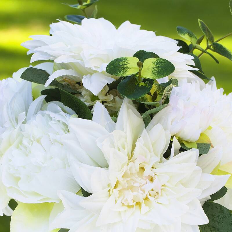 Enova Home Mixed Artificial Dahlia and Peony Silk Flowers Arrangement in Round Glass Vase with Faux Water - 12"H x 12"W x 12"D