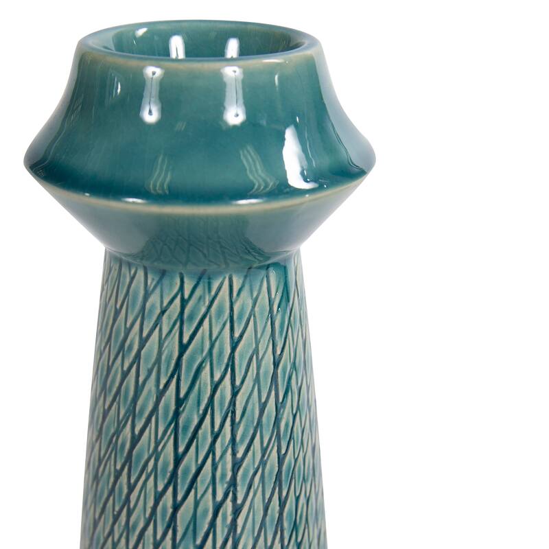 Cross Hatched Sea Blue Ceramic Candle Holder, Large - 9H x 3W x 3D