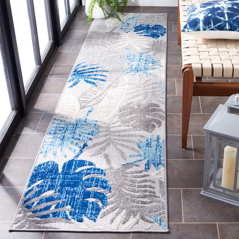 SAFAVIEH Cabana Arik Indoor/ Outdoor Waterproof Patio Floral Rug - 2' x 8' Runner - Grey/Blue