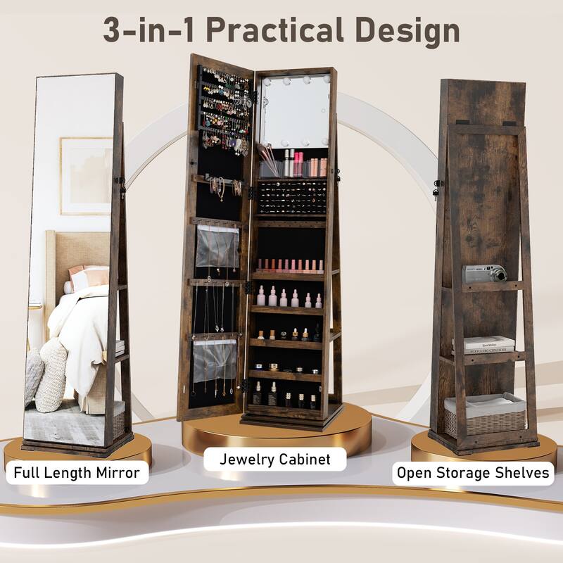 360 Rotating Full Length Mirror Jewelry Cabinet with LED Lights and Ample Storage Shelves - 17" x 15" x 63"