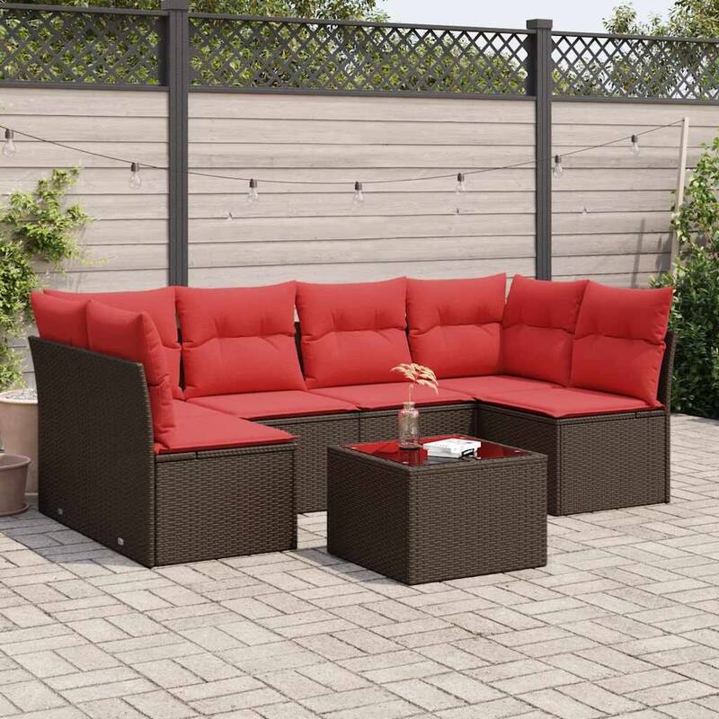 vidaXL 6/7 Piece Patio Sofa Set with Cushions Black/Brown/Gray Poly Rattan - 24.4 x 24.4 x 27.2 - Brown and red With table