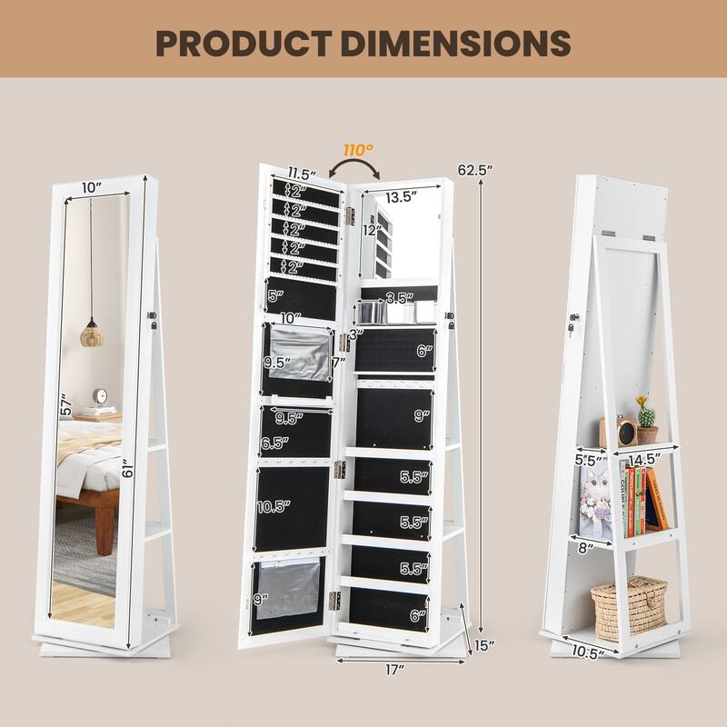 360 Degree Rotating Jewelry Armoire with Full Length Mirror Lockable Cabinet and Storage Shelves Organizer - 17" x 15" x 62.5"