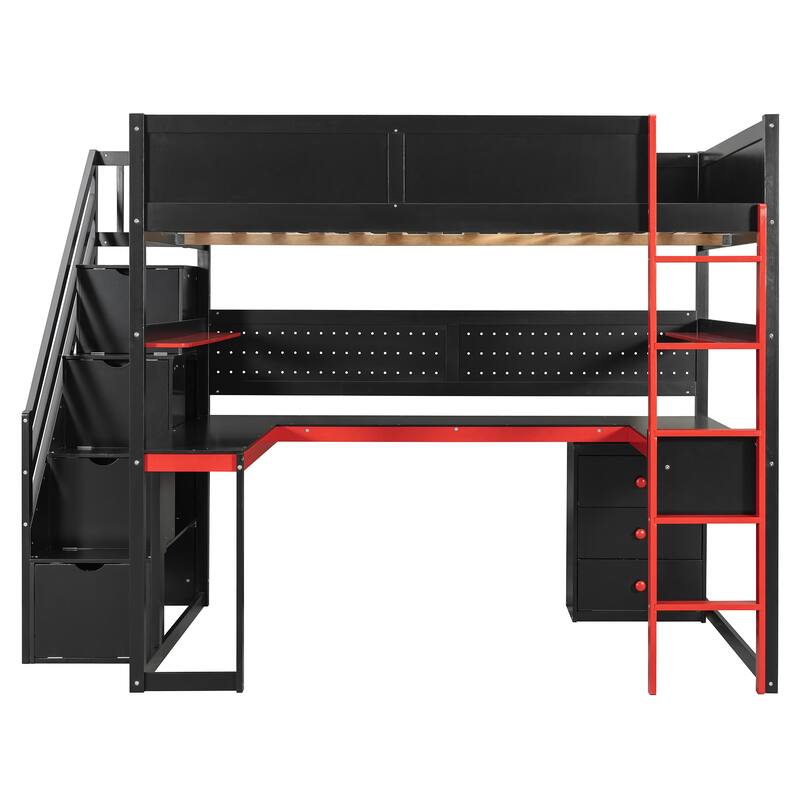 Gaming Loft Bed with Storage Stairs & Desk, Video Game Bed Wood Loft Bed Frame with Pegboard for Teens