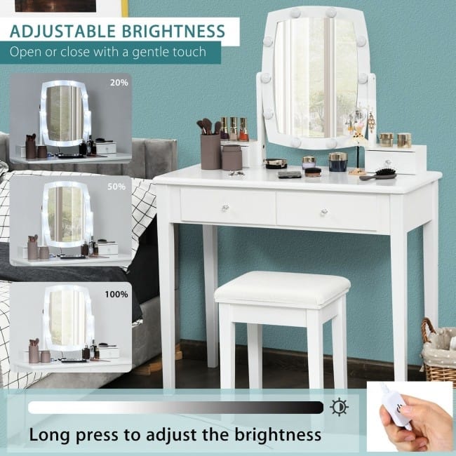 Vanity Table Set with Lighted Mirror for Bedroom and Dressing Room - 36" x 16" x 52" (L x W x H)