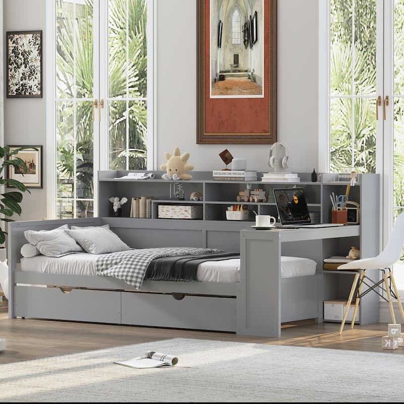 Roomfitters Twin Daybed with Storage Shelves, Multi-Functional Bed with Drawers and Study Desk, Gray
