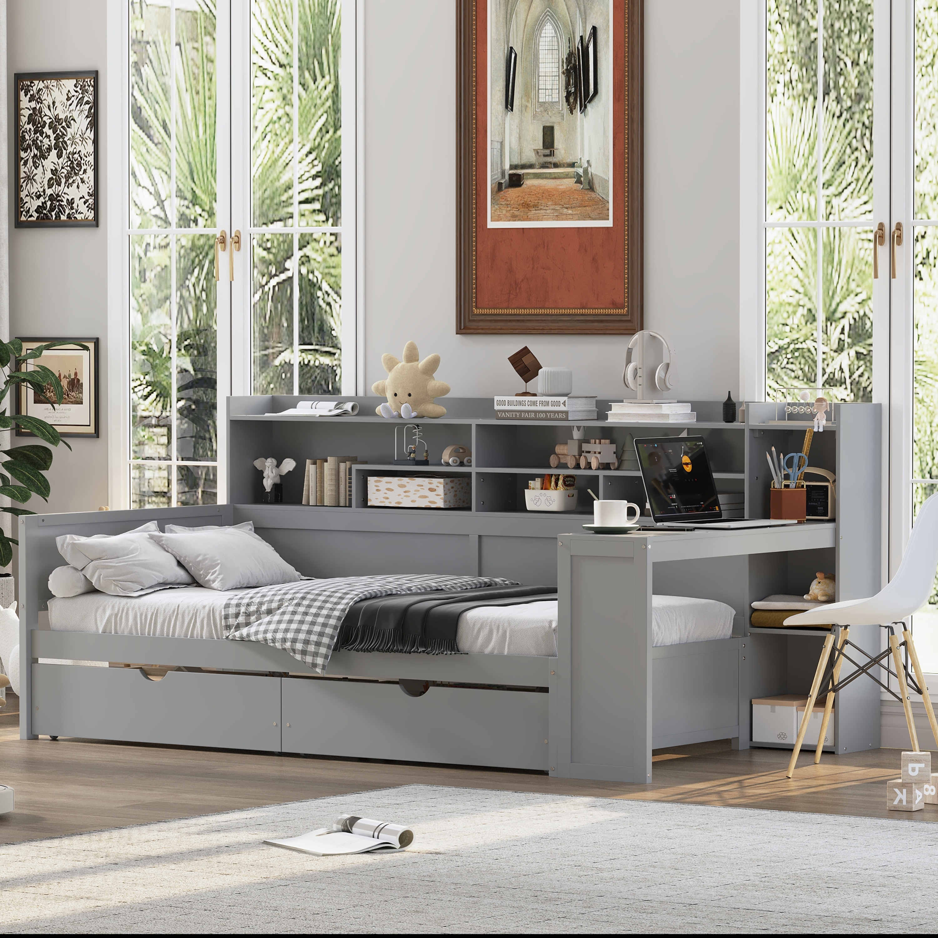 Twin/Full Daybed with Side Shelves & Two Drawers, Multi-Functional Wooden Platform Bed Frame with Study Desk for Compact Rooms