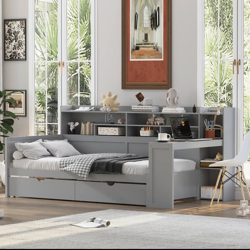 Wooden Daybed with Storage Shelves & Built-in Desk, 2 Under-Bed Storage Drawers, Corner Bed Frame with Study Desk, Bookshelf