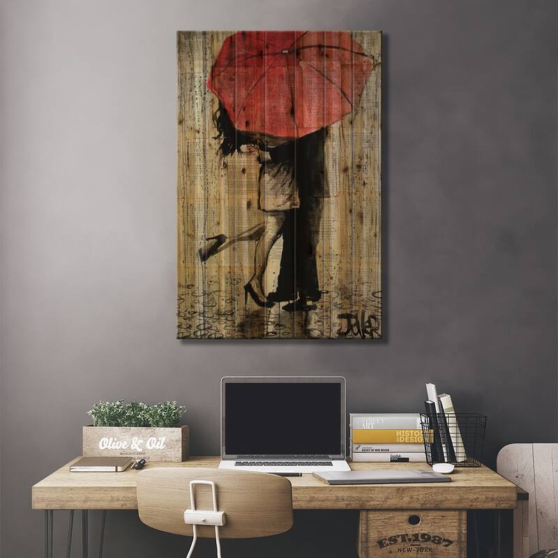 Red Umbrella Print On Wood by Loui Jover - Multi-Color