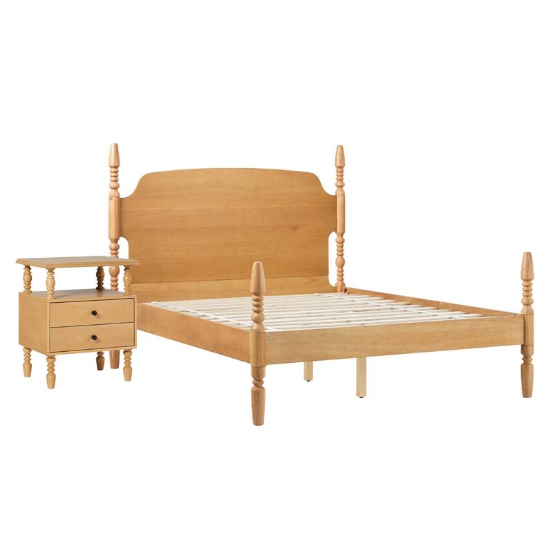 Walker Edison Spindle Queen Bed with 2-Drawer Nightstand Bedroom Set