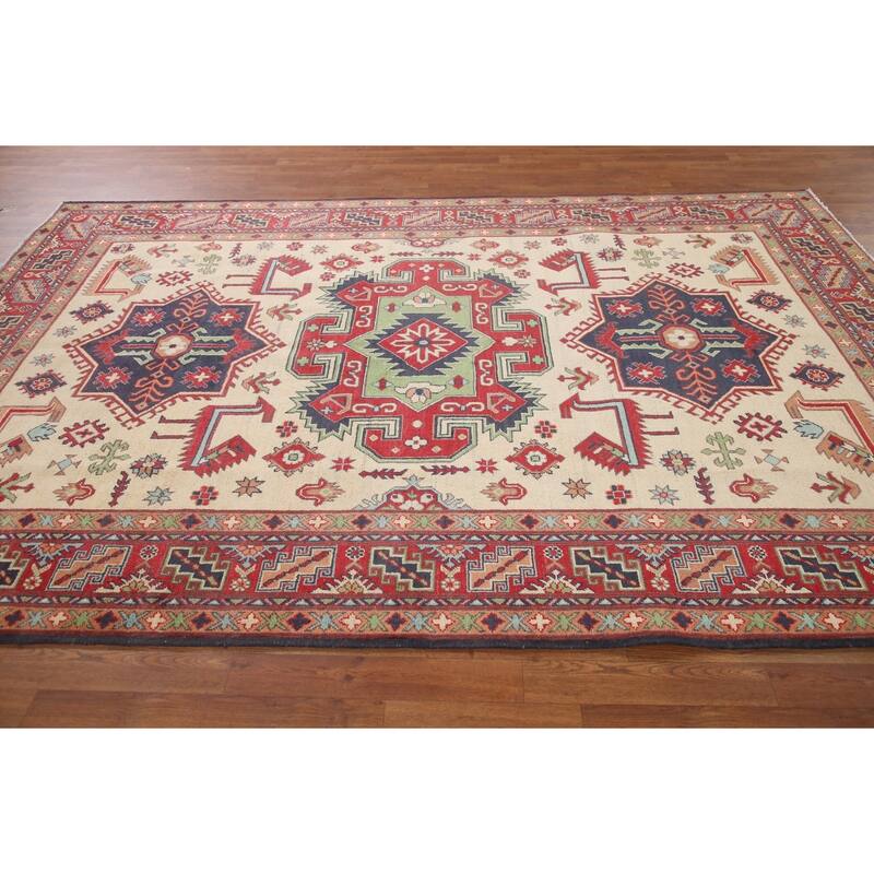 Hand Knotted Oriental 100% Wool Carpet Traditional Geometric Beige & Ivories Kazak Area Rug - 9' 10'' X 6' 5''