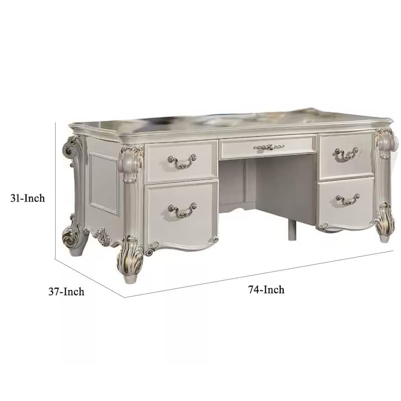 Antoine Home Office Desk, 5 Drawer, Pearl White Wood Gold, 74 Inch