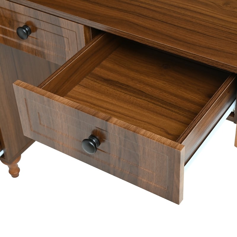 47.24" Retro Computer Desk Office Table with Charging Ports and Drawers, Hutch Cabinet