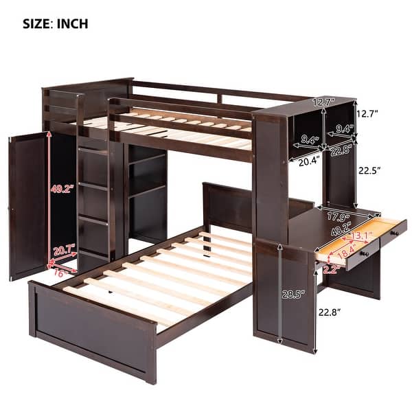 dimension image slide 1 of 6, Multifunctional Design Loft Bed with Ladder, Wardrobe, Desk and Bookshelves, Full size