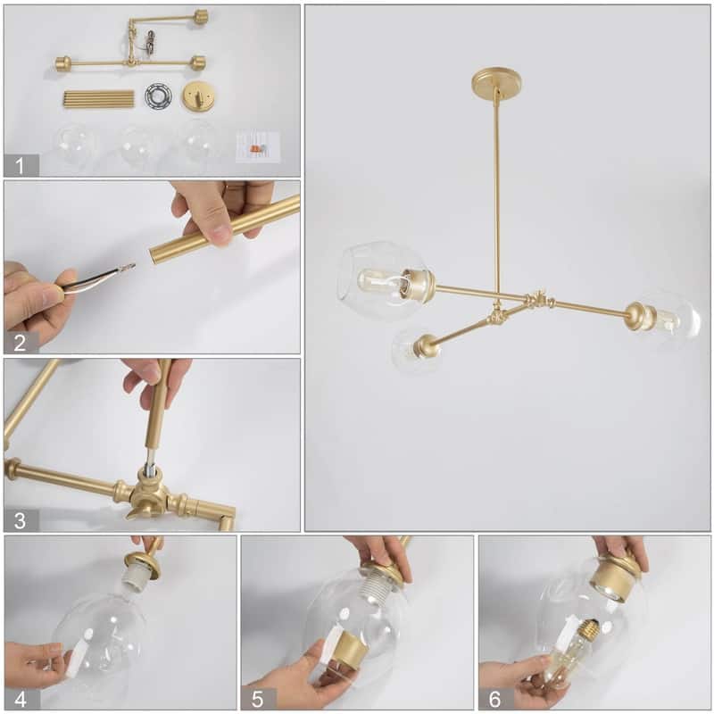 Mid-Century Modern 3-Light Gold Chandelier Island Lights for Dining Room - 31.5"W x 29.5"H